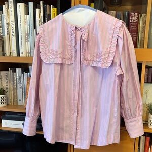 Chic Pink Striped Women's Blouse with Ruffle Collar